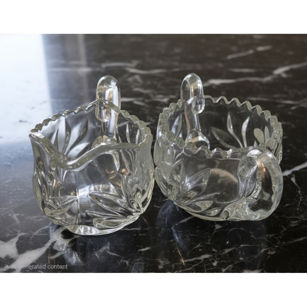 Vintage Clear Glass Creamer Sugar Bowl Set Etched Floral Scalloped Sawtooth Rim